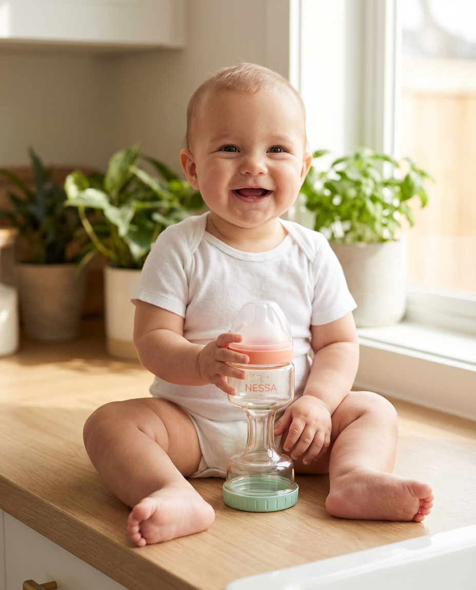 Baby holding Nessa Bottle by the ergonomic grip