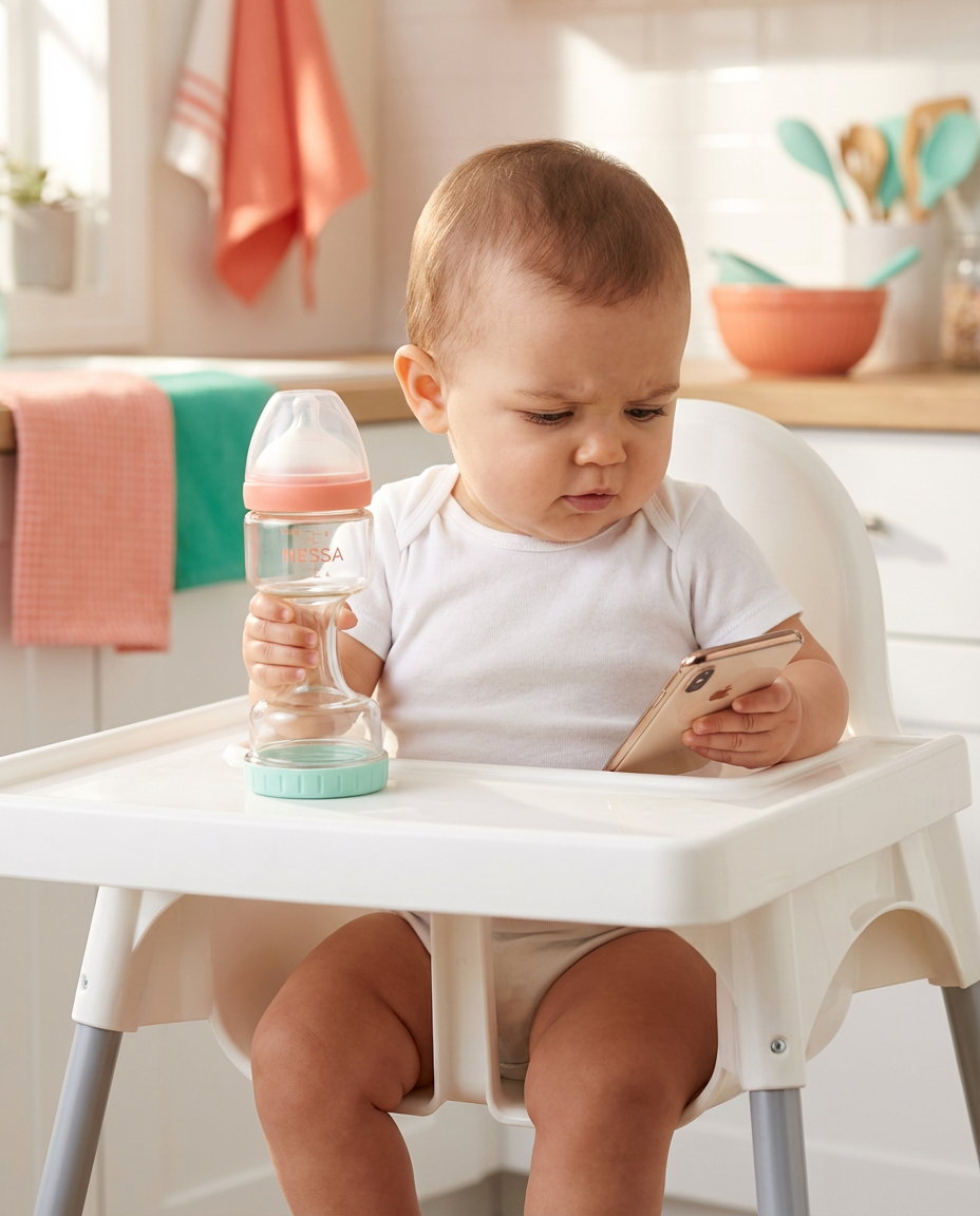 Baby multitasking — holding bottle and phone