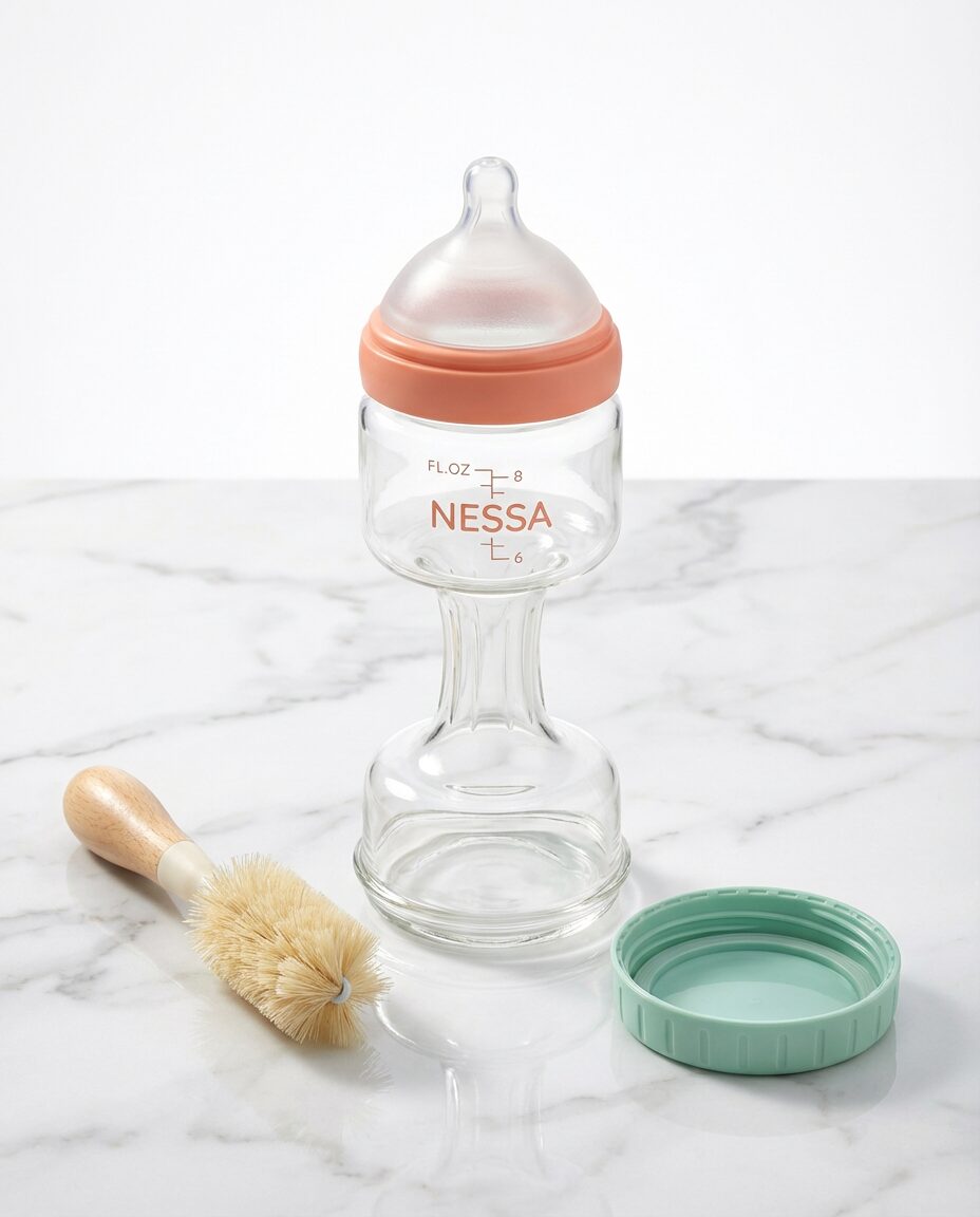 Nessa Bottle disassembled showing removable base and bottle brush for easy cleaning