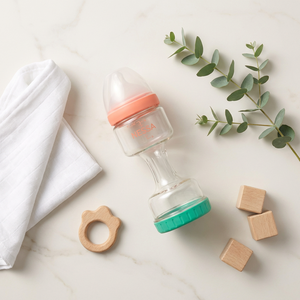 Nessa Bottle flat lay with baby essentials on marble