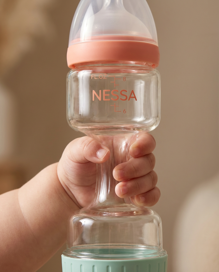 Close-up of baby gripping the Nessa Bottle waist